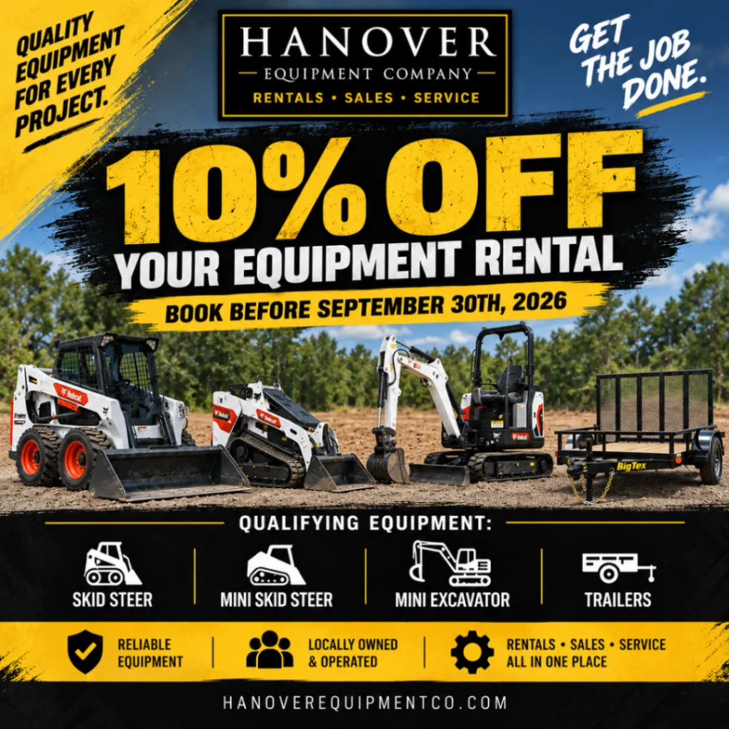 Limited-time 10% off rental offer featuring skid steers, a mini excavator, and trailers.
